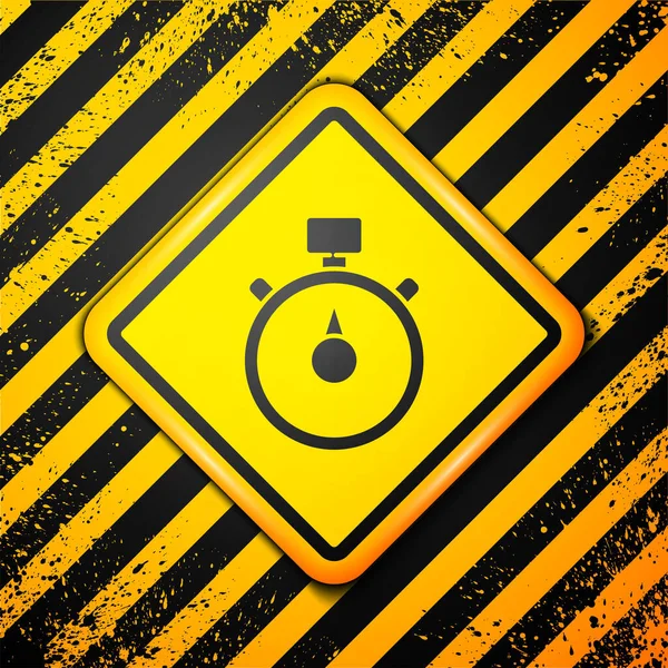 Zwarte Stopwatch Pictogram Geïsoleerd Gele Achtergrond Tijdklok Teken Chronometerteken Waarschuwingsbord — Stockvector