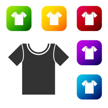 Beyaz arkaplanda siyah tişört simgesi izole edildi. Renkli kare düğmelerle simgeleri ayarla. Vektör İllüstrasyonu