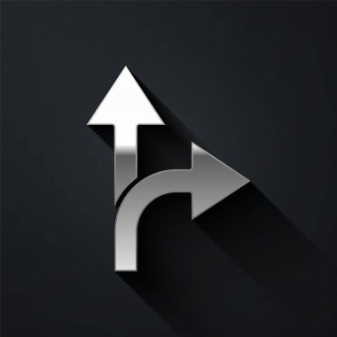 Gümüş Yol trafik tabelası. Siyah arkaplanda sinyal simgesi izole edildi. İşaretçi sembolü. İzole sokak bilgi levhası. Yön tabelası. Uzun gölge tarzı. Vektör İllüstrasyonu