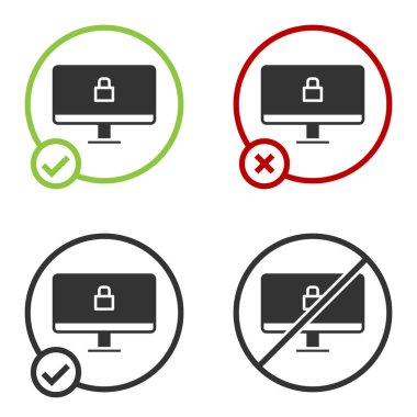 Siyah kilit beyaz arkaplanda izole edilmiş bilgisayar monitör simgesi üzerinde. Güvenlik, güvenlik, koruma kavramı. Güvenli bir ağ. Çember düğmesi. Vektör İllüstrasyonu
