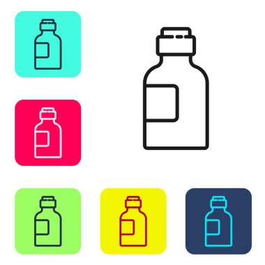 Siyah çizgi, beyaz arka planda izole edilmiş ilaç şurubu ikonu. Renkli kare düğmelerle simgeleri ayarla. Vektör İllüstrasyonu