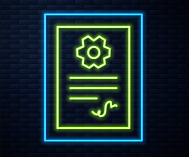 Parlayan neon hattı otomotiv kontrol simgesi tuğla duvar arkasında izole edildi. Araba servisi. Vektör İllüstrasyonu