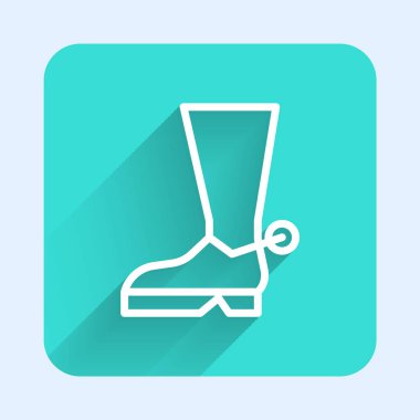 Beyaz çizgi kovboy çizmesi ikonu uzun gölgeli izole edilmiş. Yeşil kare düğmesi. Vektör İllüstrasyonu