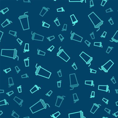 Saman ve su ikonu içen yeşil çizgi kağıt bardak mavi arka planda izole edilmiş pürüzsüz desen. Soda bardağı. Taze soğuk içecek sembolü. Vektör İllüstrasyonu