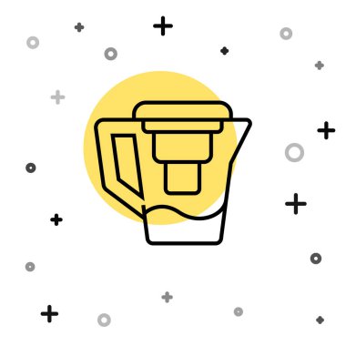 Beyaz zemin üzerinde izole edilmiş bir filtre simgesi olan siyah çizgi su testisi. Rastgele dinamik şekiller. Vektör İllüstrasyonu