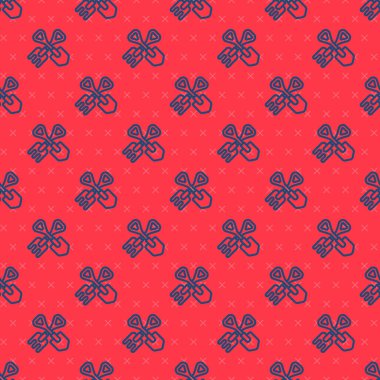 Mavi çizgi küreği ve tırmık ikonu kırmızı arkaplanda iz bırakmış. Bahçecilik, tarım, bahçıvanlık, çiftçilik aletleri. Toprak işçisi. Vektör İllüstrasyonu