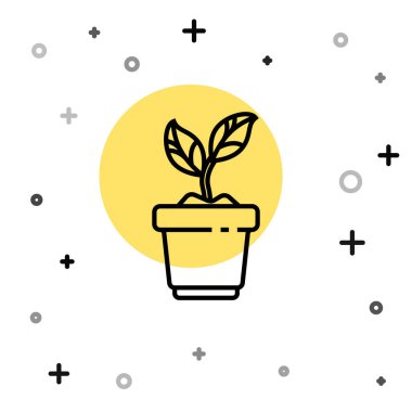 Esrar ikonundaki siyah çizgi bitkisi beyaz arkaplanda izole edilmiş. Tencerede yetişen bir bitki. Saksı bitkisi işareti. Rastgele dinamik şekiller. Vektör İllüstrasyonu