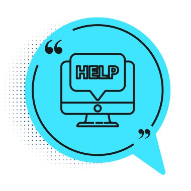 Siyah çizgi bilgisayar monitörü ve yardım simgesi beyaz arkaplanda izole edildi. Ayarlama, servis, ayar, bakım, onarım, onarım. Mavi konuşma balonu sembolü. Vektör İllüstrasyonu