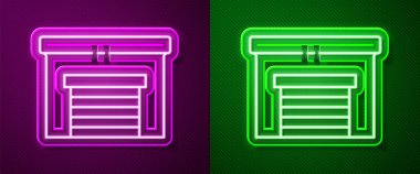 Parlayan neon çizgisi Garaj simgesi mor ve yeşil arkaplanda izole edildi. Vektör İllüstrasyonu