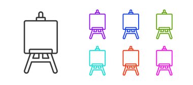 Siyah çizgi ahşap sehpa ya da beyaz arka planda izole edilmiş resim tahtası simgesi. Simgeleri renklendirin. Vektör İllüstrasyonu