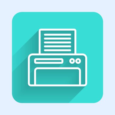 Beyaz çizgi yazıcı simgesi uzun gölgeli izole edildi. Yeşil kare düğmesi. Vektör İllüstrasyonu