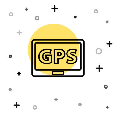 Harita simgesine sahip siyah çizgi GPS cihazı beyaz arkaplanda izole edildi. Rastgele dinamik şekiller. Vektör İllüstrasyonu