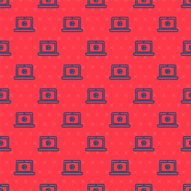 Mavi çizgi Online video simgesi kırmızı arkaplanda izole edilmiş. Dizüstü bilgisayar ve oyun işaretli film şeridi. Vektör İllüstrasyonu