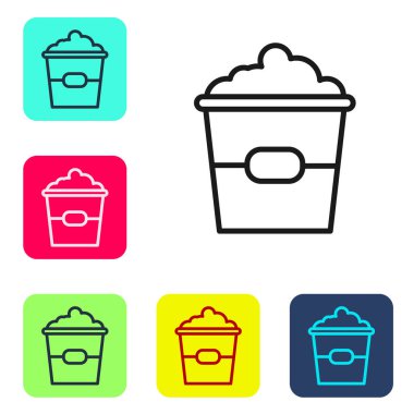 Beyaz arka planda izole edilmiş karton kutu ikonundaki siyah çizgi patlamış mısır. Patlamış mısır kutusu. Renkli kare düğmelerle simgeleri ayarla. Vektör İllüstrasyonu