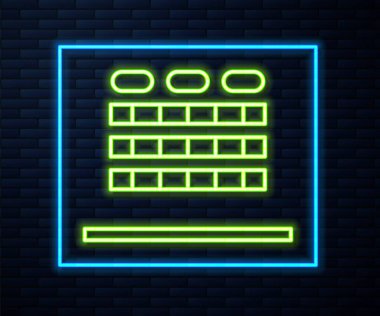 Parlak neon hattı sinema salonu ekranı ve tuğla duvar arkasında izole edilmiş koltuk ikonu. Vektör İllüstrasyonu