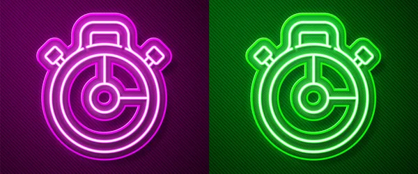 Светящаяся Неоновая Линия Значок Секундомера Выделен Фиолетовом Зеленом Фоне Знак — стоковый вектор