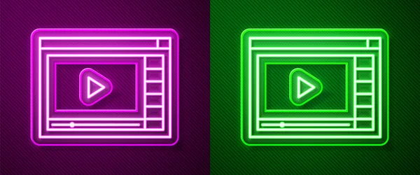 Glowing Neon Line Online Play Video Icon Isolated Purple Green — Stock Vector