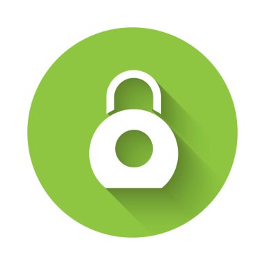 Beyaz Kettlebell simgesi uzun gölgeli. Spor malzemeleri. Yeşil daire düğmesi. Vektör İllüstrasyonu