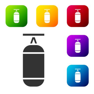 Siyah Kum Torbası simgesi beyaz arkaplanda izole edildi. Renkli kare düğmelerle simgeleri ayarla. Vektör İllüstrasyonu