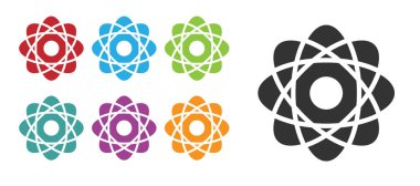 Siyah Atom simgesi beyaz arkaplanda izole edildi. Bilimin, eğitimin, nükleer fiziğin, bilimsel araştırmaların sembolü. Simgeleri renklendirin. Vektör İllüstrasyonu