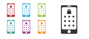 Siyah cep telefonu ve beyaz arkaplanda izole edilmiş grafik şifre koruma simgesi. Güvenlik, kişisel erişim, kullanıcı yetkisi. Simgeleri renklendirin. Vektör İllüstrasyonu