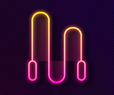 Parlayan neon hattı atlama ipi simgesi siyah arkaplanda izole edildi. İp atlıyorum. Spor malzemeleri. Vektör İllüstrasyonu