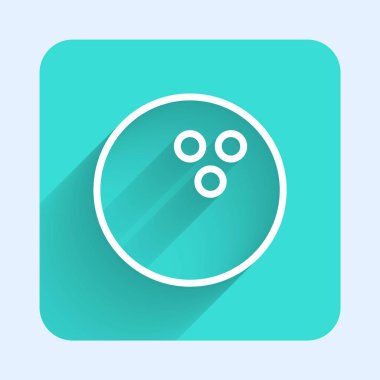 Beyaz çizgi bowling topu ikonu uzun gölgeli izole edilmiş. Spor malzemeleri. Yeşil kare düğmesi. Vektör İllüstrasyonu