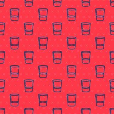Mavi çizgili cam, kırmızı arkaplanda su ikonu izole edilmiş. Soda bardağı. Vektör İllüstrasyonu