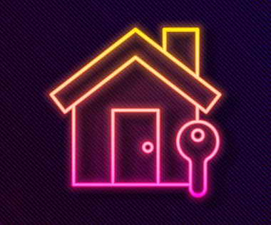 Siyah arkaplanda anahtar simgesi olan parlak neon hattı House. Ev anahtarının konsepti. Vektör İllüstrasyonu
