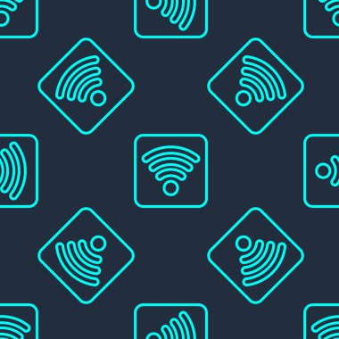 Yeşil hat Wi-Fi kablosuz internet ağ sembolü simgesi mavi arkaplanda izole edilmiş. Vektör İllüstrasyonu