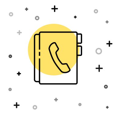 Siyah çizgi adres defteri simgesi beyaz arkaplanda izole edildi. Not defteri, adres, bağlantı, rehber, telefon, telefon rehberi simgesi. Rastgele dinamik şekiller. Vektör İllüstrasyonu