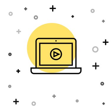 Siyah çizgi çevrimiçi video simgesi beyaz arkaplanda izole edildi. Dizüstü bilgisayar ve oyun işaretli film şeridi. Rastgele dinamik şekiller. Vektör İllüstrasyonu