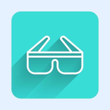 Uzun gölgeli beyaz çizgi 3 boyutlu sinema gözlüğü ikonu. Yeşil kare düğmesi. Vektör İllüstrasyonu