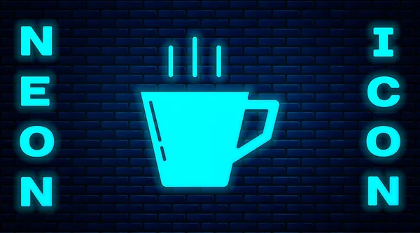 发光的霓虹灯咖啡杯图标隔离在砖墙背景 茶杯热饮咖啡 病媒图解 — 图库矢量图片