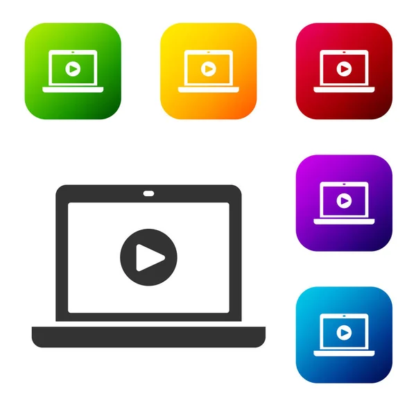 Black Online Play Video Icoon Geïsoleerd Witte Achtergrond Laptop Filmstrip — Stockvector