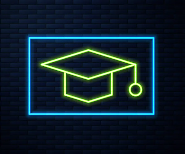 Glowing Neon Line Graduation Cap Icon Isolated Brick Wall Background — 스톡 벡터