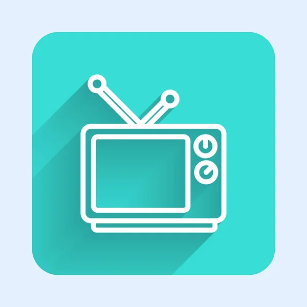 Witte Lijn Retro Icoon Geïsoleerd Met Lange Schaduw Televisieteken Groene — Stockvector