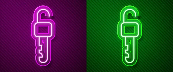 Leuchtende Leuchtschrift Entsperrtes Schlüsselsymbol Isoliert Auf Lila Und Grünem Hintergrund — Stockvektor