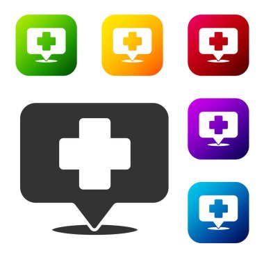 Siyah tıbbi harita işaretçisi, beyaz arka planda çapraz hastane ikonu var. Renkli kare düğmelerle simgeleri ayarla. Vektör İllüstrasyonu