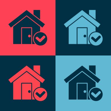 Renk arkaplanında işaretleme simgesi olan Pop Sanat Evi. Emlakçı ya da köy elit sınıfı. Vektör İllüstrasyonu