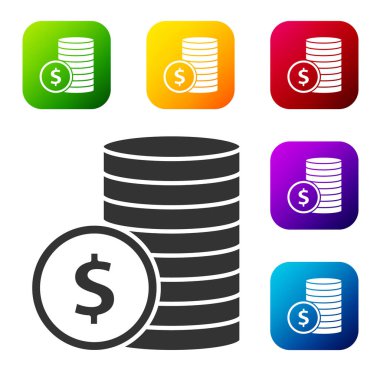 Beyaz zemin üzerinde dolar sembolü olan siyah madeni para. Bankacılık işareti. Para sembolü. Renkli kare düğmelerle simgeleri ayarla. Vektör İllüstrasyonu