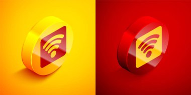 Isometric Wi-Fi kablosuz internet ağ sembolü simgesi turuncu ve kırmızı arkaplanda izole edildi. Çember düğmesi. Vektör İllüstrasyonu