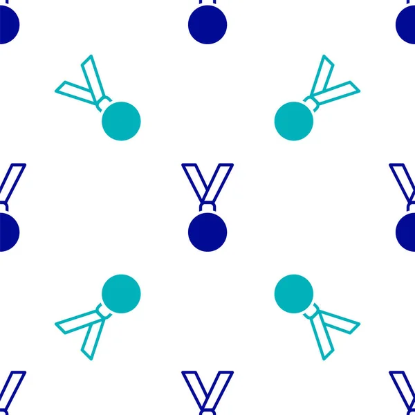 ブルーメダルアイコンは 白の背景にシームレスなパターンを分離しました 受賞者の達成サイン メダル受賞 ベクターイラスト — ストックベクタ