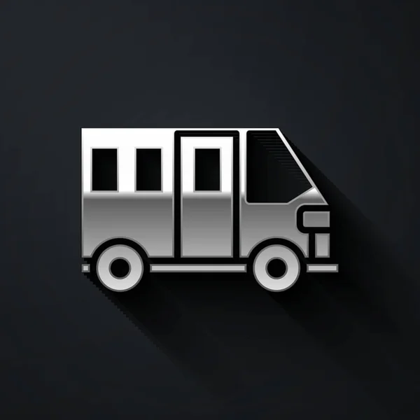 シルバースクールバスのアイコンは黒の背景に孤立しています 公共交通機関のシンボル 長い影のスタイル ベクターイラスト — ストックベクタ