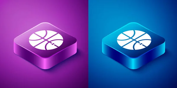 青と紫の背景に単離されたアイソメトリックバスケットボールボールアイコン スポーツシンボル 正方形のボタン ベクターイラスト — ストックベクタ