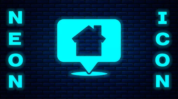 Glowing Neon Map Pointer House Icon Isolated Brick Wall Background — 스톡 벡터