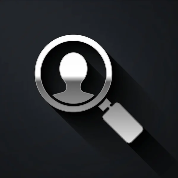 Silver Magnifying Glass Search People Icon Isolated Black Background Recruitment — Stock Vector