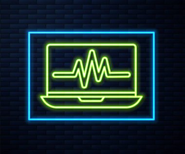 Duvarın arka planında kardiyogram ikonu olan parlak neon dizüstü bilgisayar. Simge denetleniyor. Kalp atışı elle çizilmiş EKG monitörü. Vektör İllüstrasyonu
