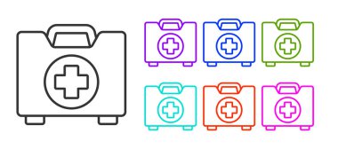 Siyah çizgi ilk yardım çantası simgesi beyaz arkaplanda izole edildi. Haçlı sağlık kutusu. Acil durumlar için tıbbi ekipman. Sağlık sigortası konsepti. Simgeleri renklendirin. Vektör İllüstrasyonu