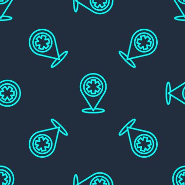 Hastane simgesine sahip yeşil çizgi tıbbi harita işaretçisi mavi arka planda izole edilmiş pürüzsüz desen. Vektör İllüstrasyonu